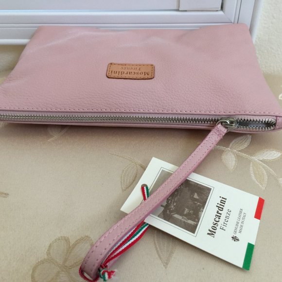 Moscardini Fienze ITALY Cosmetic Bag Pouch Wristlet Made Up Case PINK 10x7" NEW - Picture 5 of 9